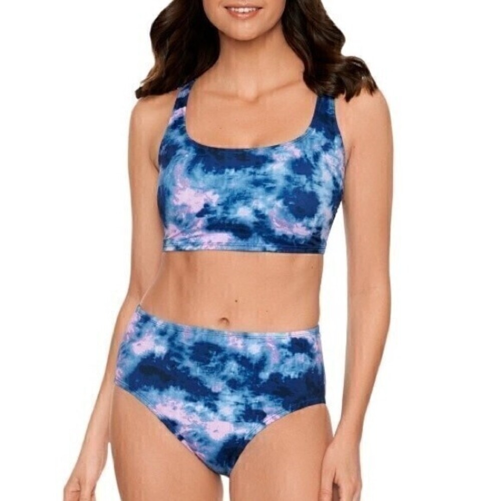 Avia Womens Cross Back Moody Skies Tie Dye Swim Bikini Top Blue Pink S 4-6 NEW